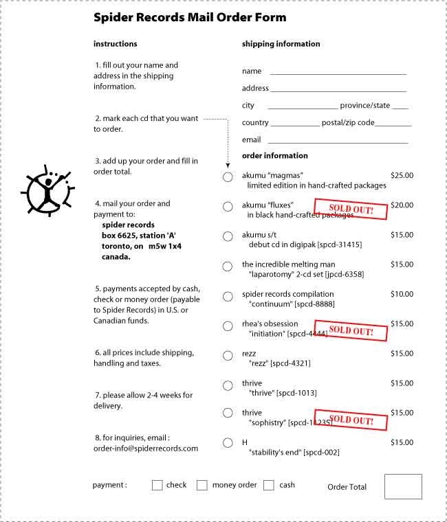 Spider Records Mail Order Form